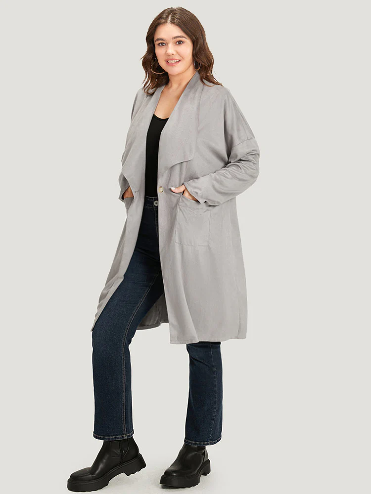 Solid Lapel Collar Patched Pocket Faux Suede Coat - Image 3