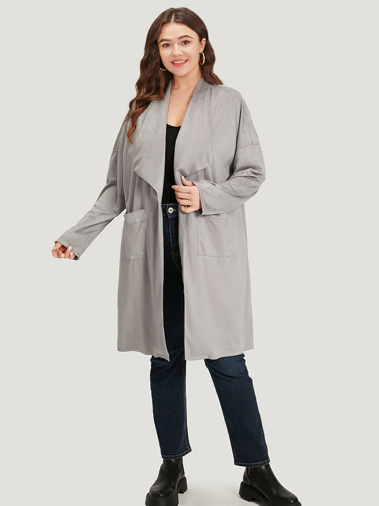 Solid Lapel Collar Patched Pocket Faux Suede Coat - Image 4