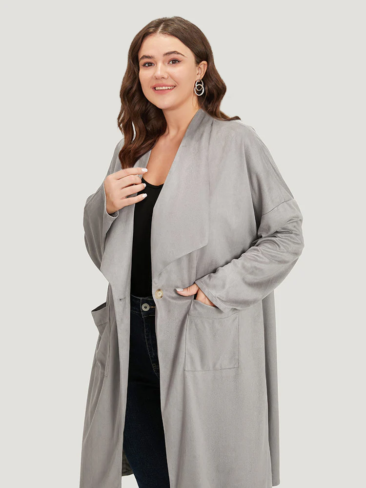 Solid Lapel Collar Patched Pocket Faux Suede Coat - Image 5