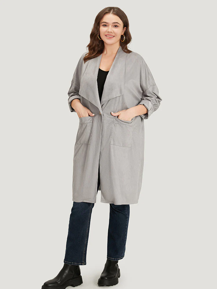 Solid Lapel Collar Patched Pocket Faux Suede Coat - Image 6