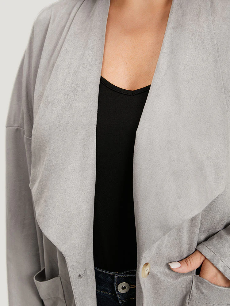 Solid Lapel Collar Patched Pocket Faux Suede Coat - Image 7