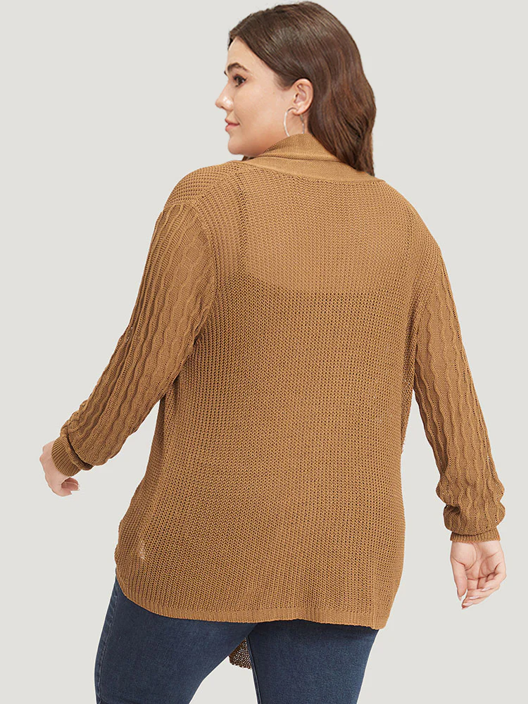 Solid Lapel Collar Patchwork Asymmetrical Hem Cardigan - Image 2