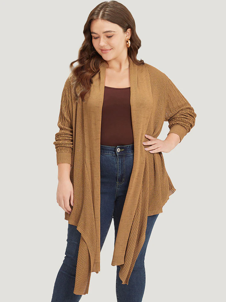 Solid Lapel Collar Patchwork Asymmetrical Hem Cardigan - Image 3