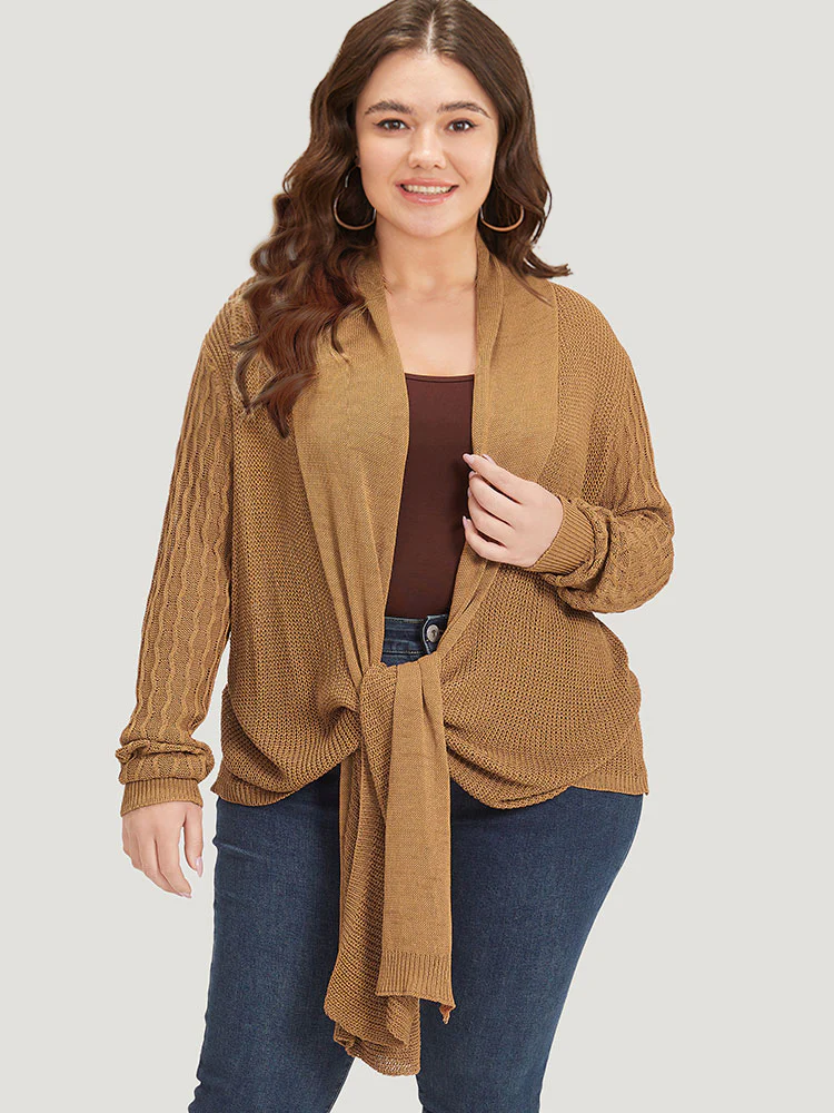 Solid Lapel Collar Patchwork Asymmetrical Hem Cardigan - Image 5