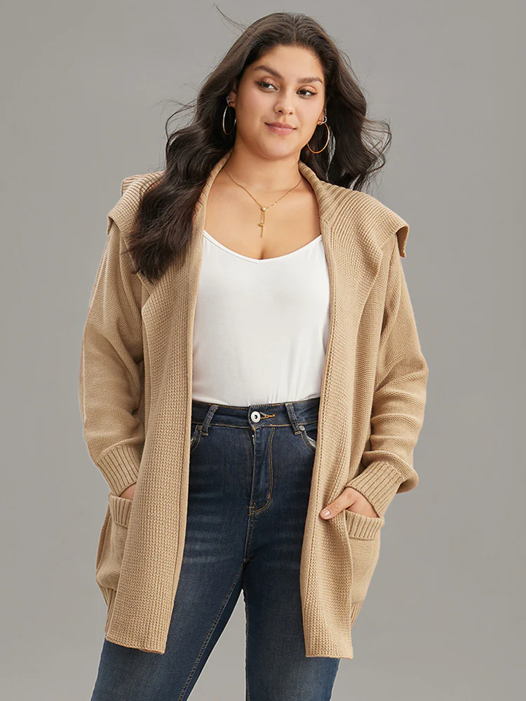 Solid Lapel Collar Pocket Open Front Cardigan - Image 3