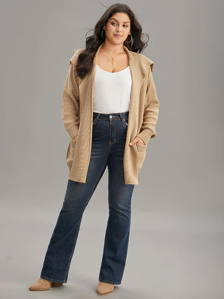 Solid Lapel Collar Pocket Open Front Cardigan - Image 5