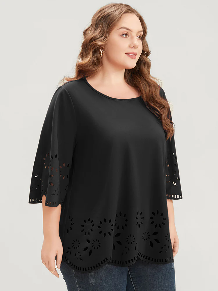 Solid Laser Cut Scalloped Trim T-shirt - Image 3