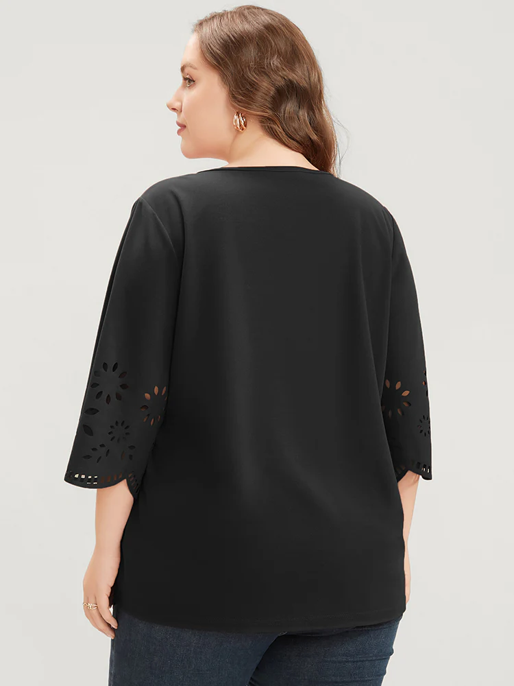 Solid Laser Cut Scalloped Trim T-shirt - Image 4