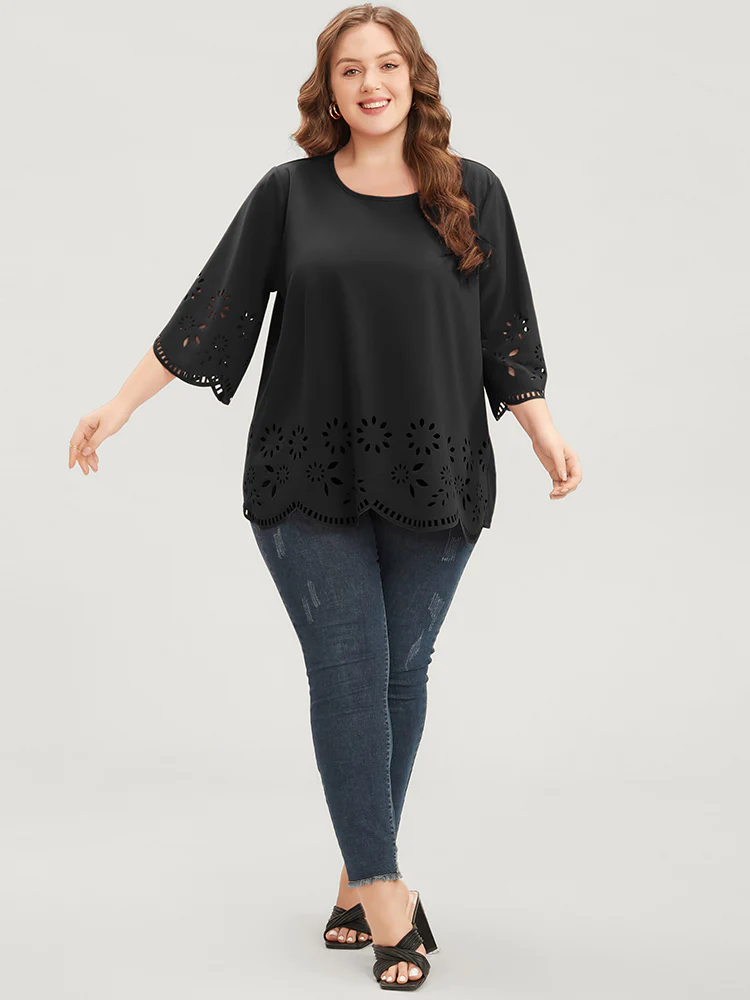 Solid Laser Cut Scalloped Trim T-shirt - Image 5