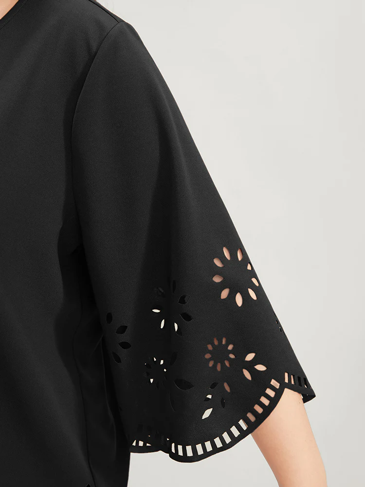 Solid Laser Cut Scalloped Trim T-shirt - Image 6