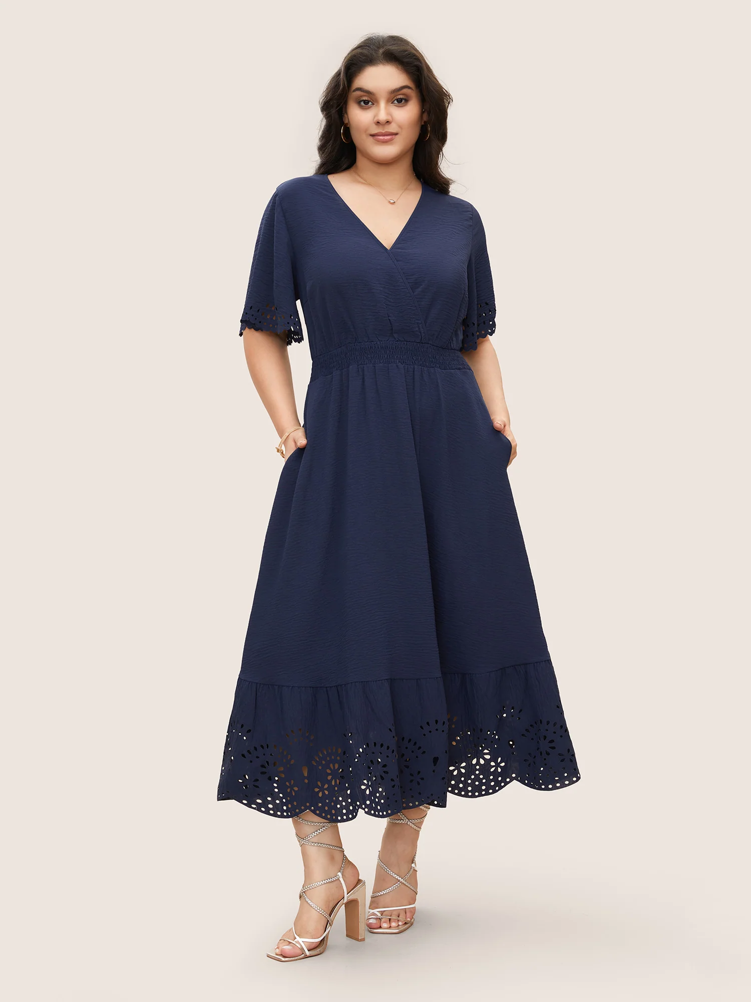 Solid Laser Cut Shirred Pocket Wrap Scalloped Trim Flutter Dress - Image 2
