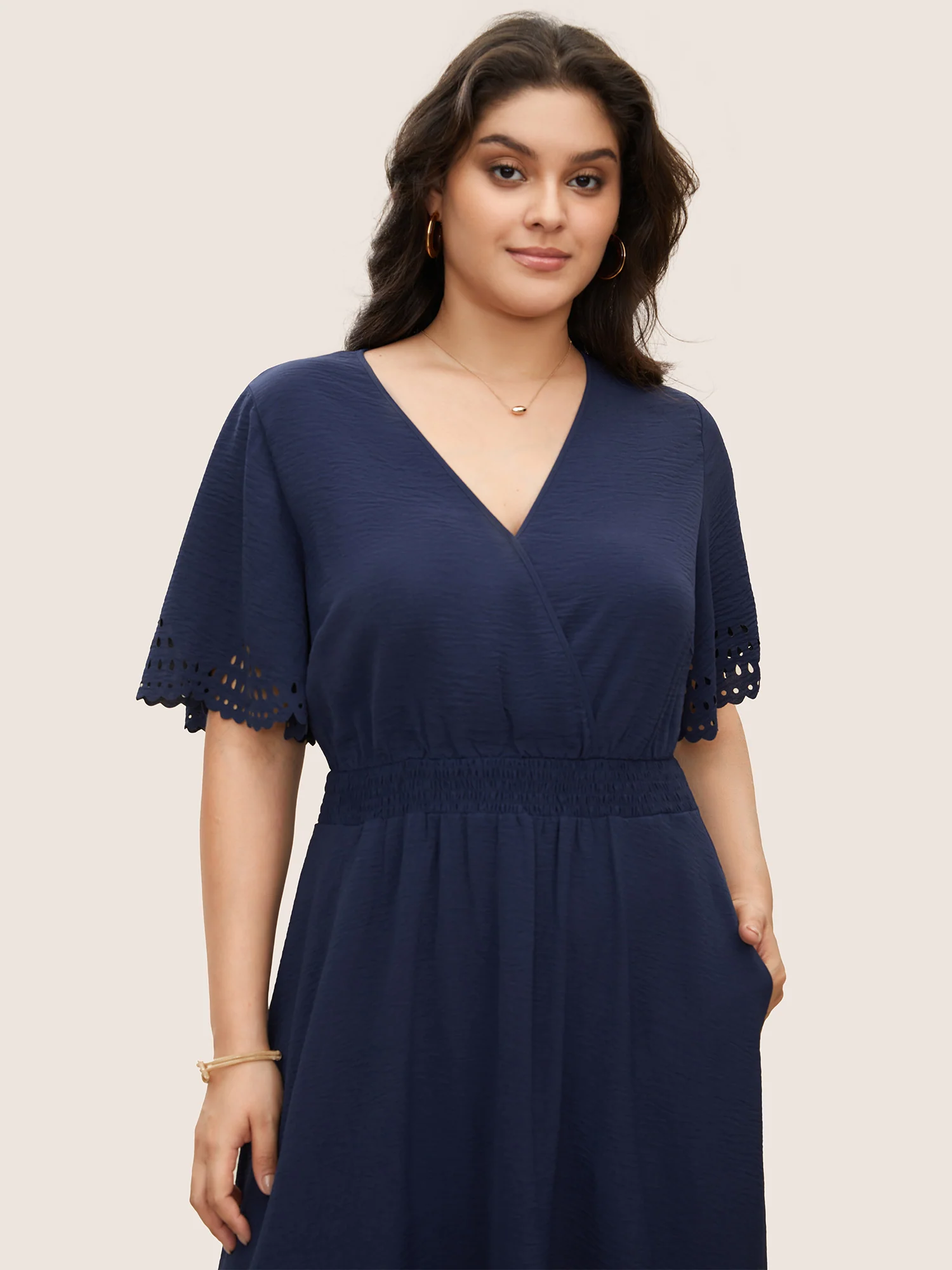 Solid Laser Cut Shirred Pocket Wrap Scalloped Trim Flutter Dress - Image 3