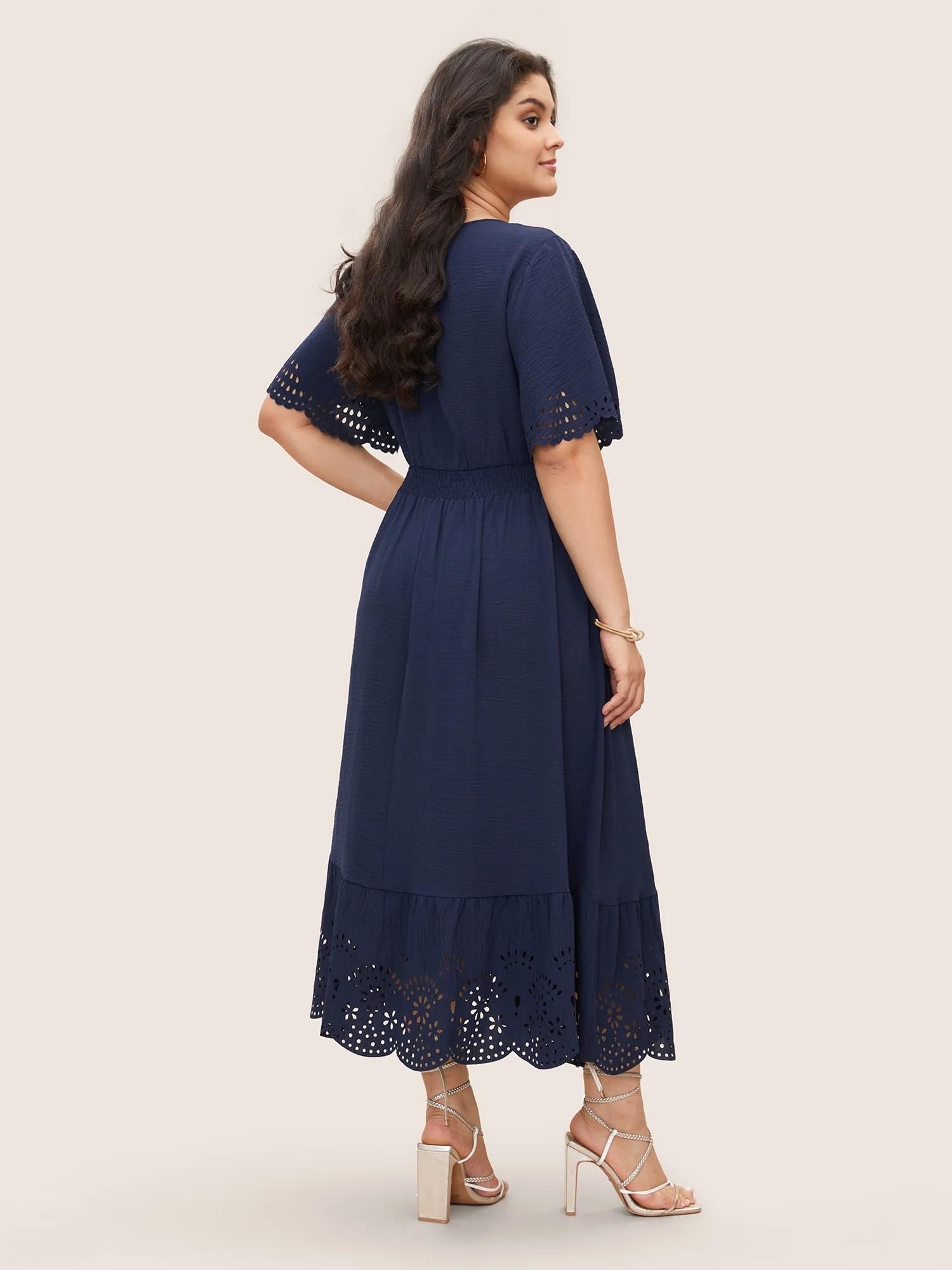 Solid Laser Cut Shirred Pocket Wrap Scalloped Trim Flutter Dress - Image 4
