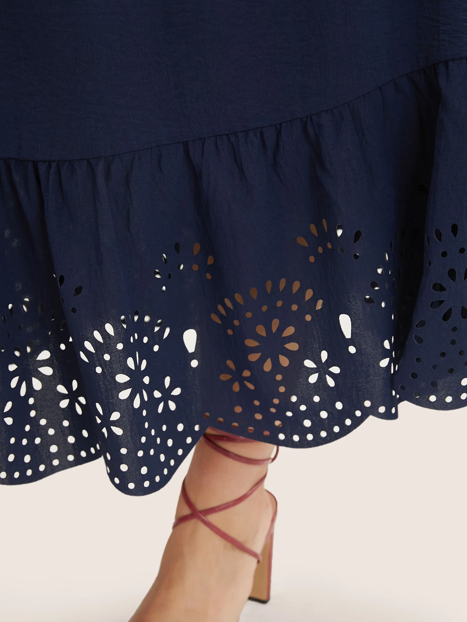 Solid Laser Cut Shirred Pocket Wrap Scalloped Trim Flutter Dress - Image 5