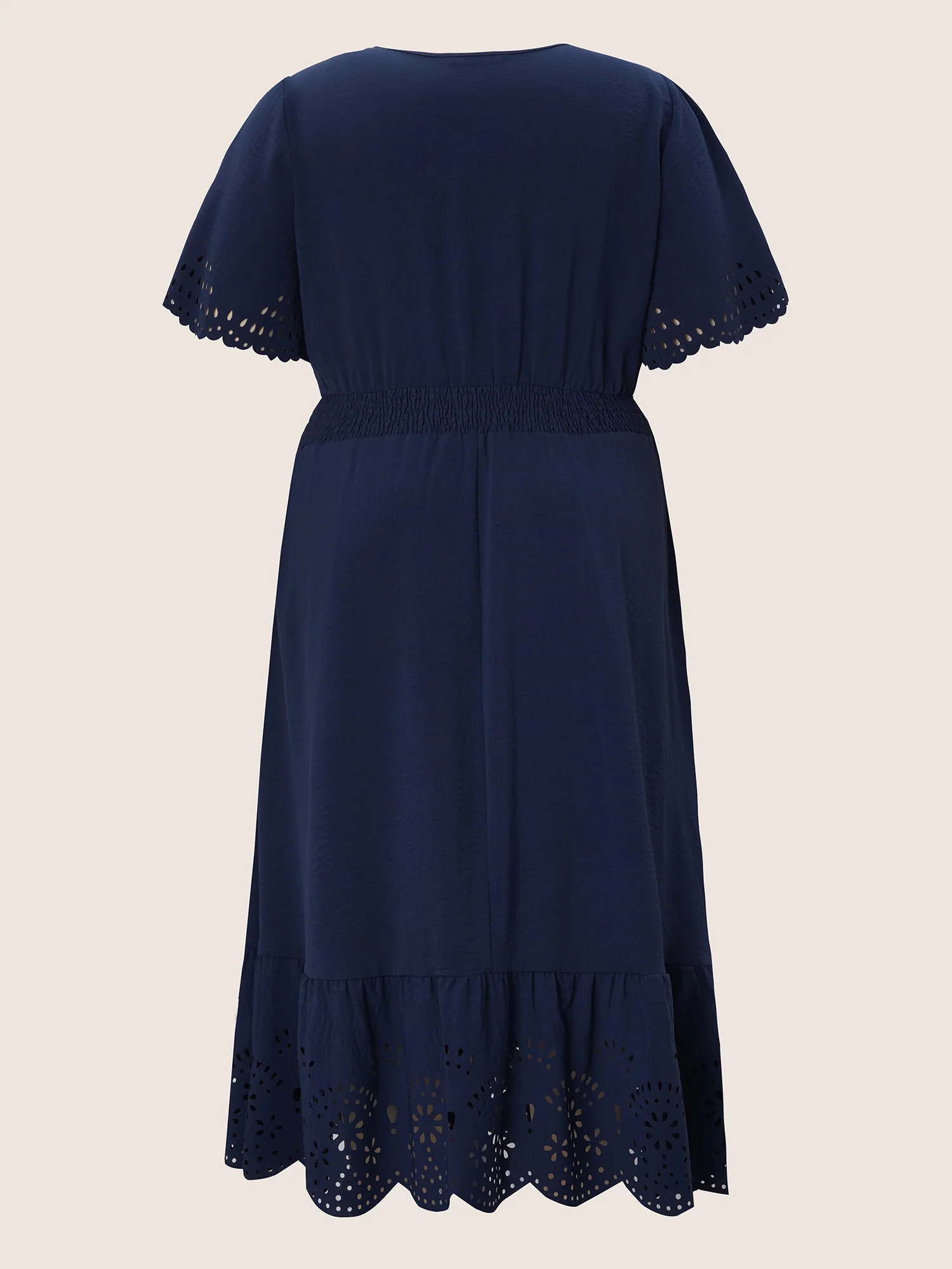 Solid Laser Cut Shirred Pocket Wrap Scalloped Trim Flutter Dress - Image 6