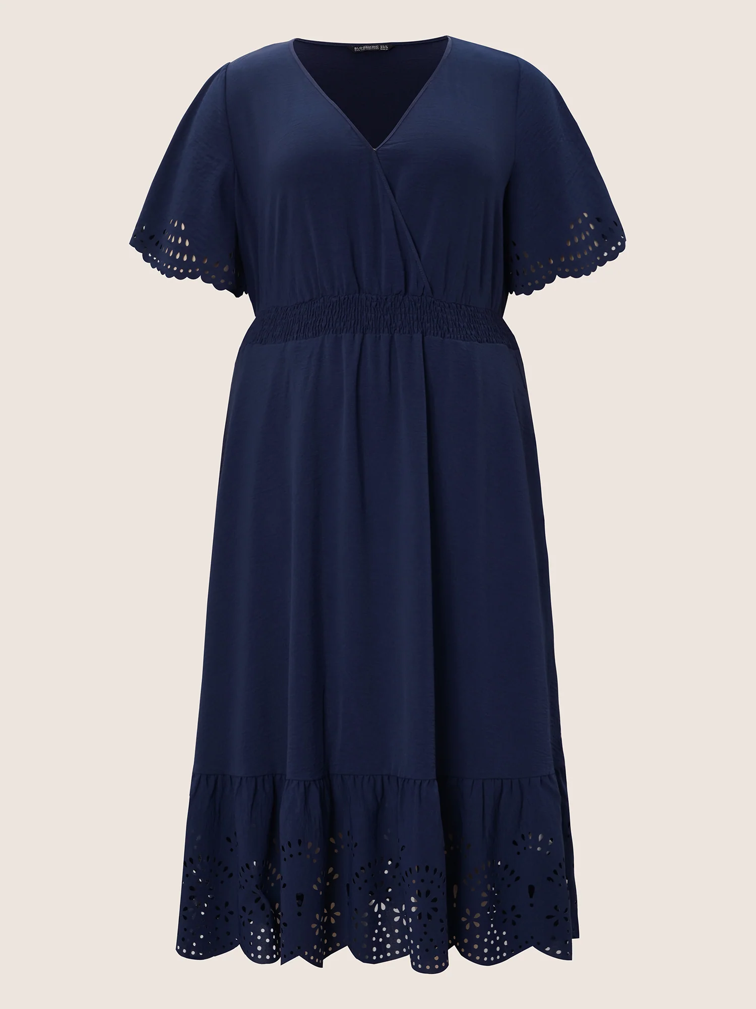 Solid Laser Cut Shirred Pocket Wrap Scalloped Trim Flutter Dress - Image 7