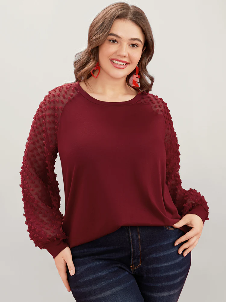 Solid Mesh Patchwork Embroidered Round Neck Long Tee - Image 2