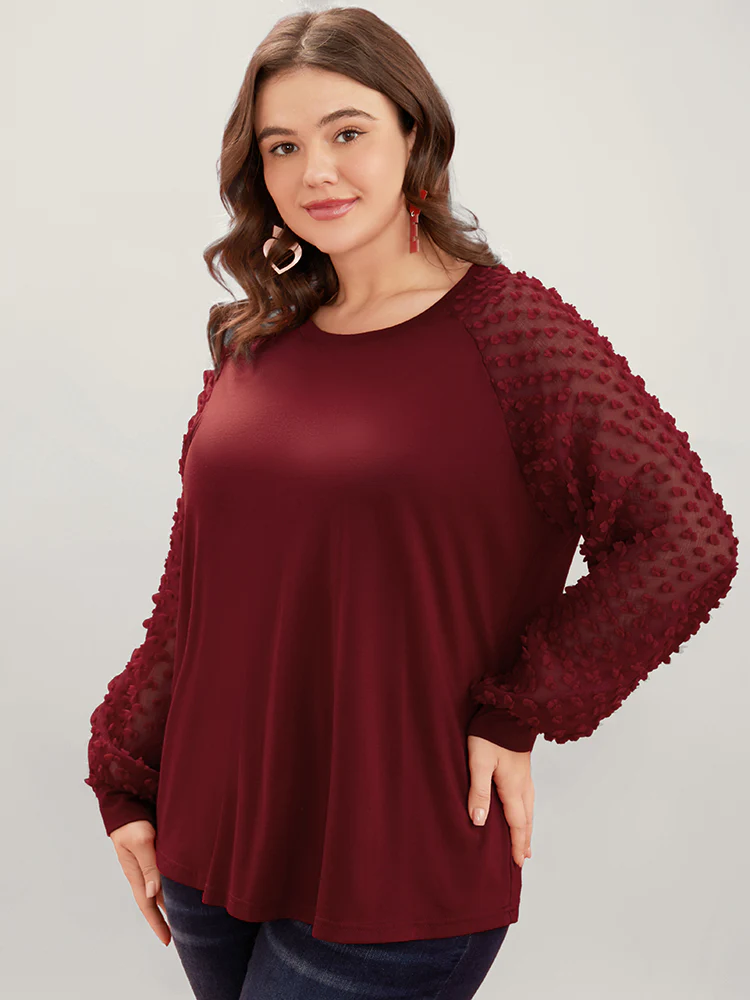 Solid Mesh Patchwork Embroidered Round Neck Long Tee - Image 3