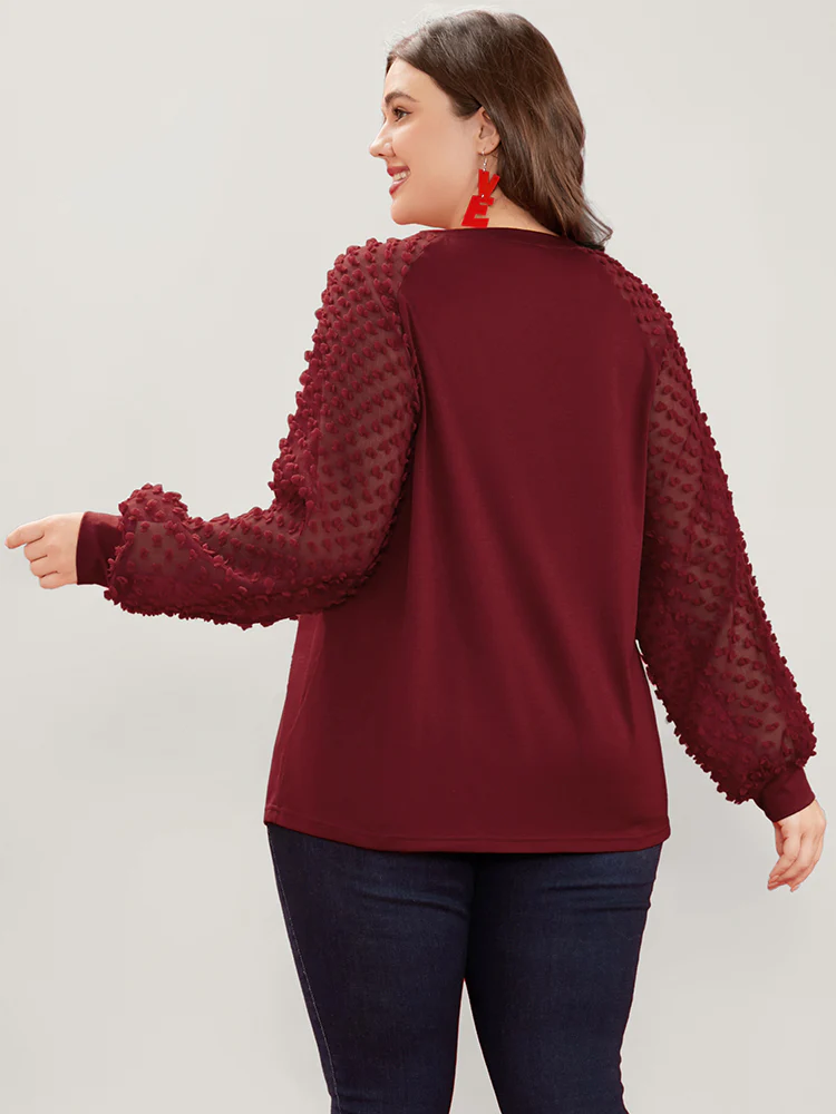 Solid Mesh Patchwork Embroidered Round Neck Long Tee - Image 4