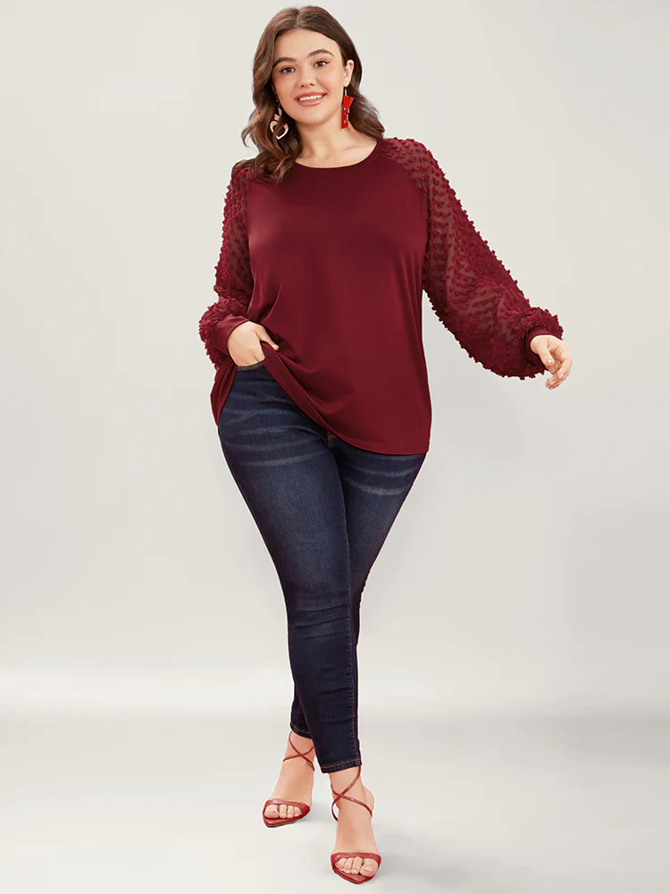 Solid Mesh Patchwork Embroidered Round Neck Long Tee - Image 5