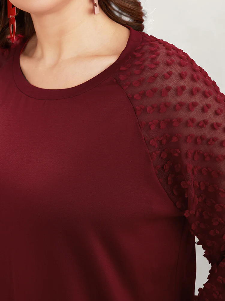 Solid Mesh Patchwork Embroidered Round Neck Long Tee - Image 6