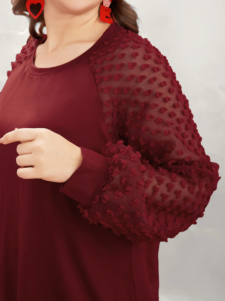 Solid Mesh Patchwork Embroidered Round Neck Long Tee - Image 7