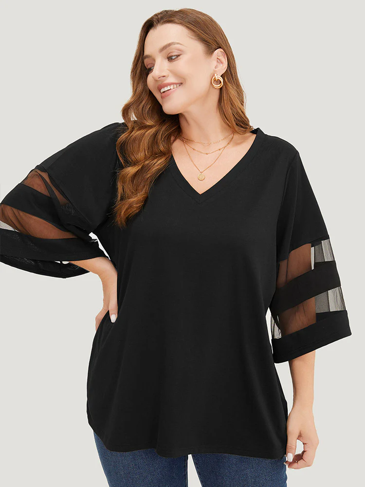 Solid Mesh Patchwork V Neck T-shirt - Image 2