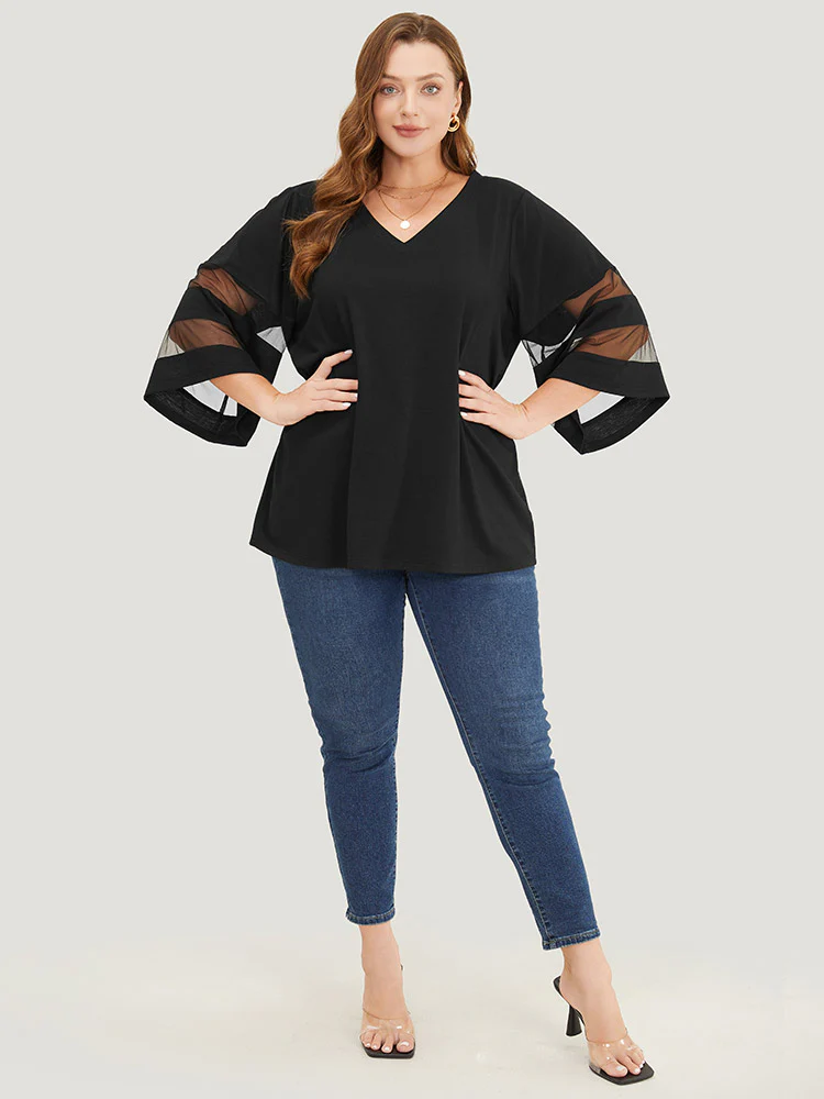 Solid Mesh Patchwork V Neck T-shirt - Image 4