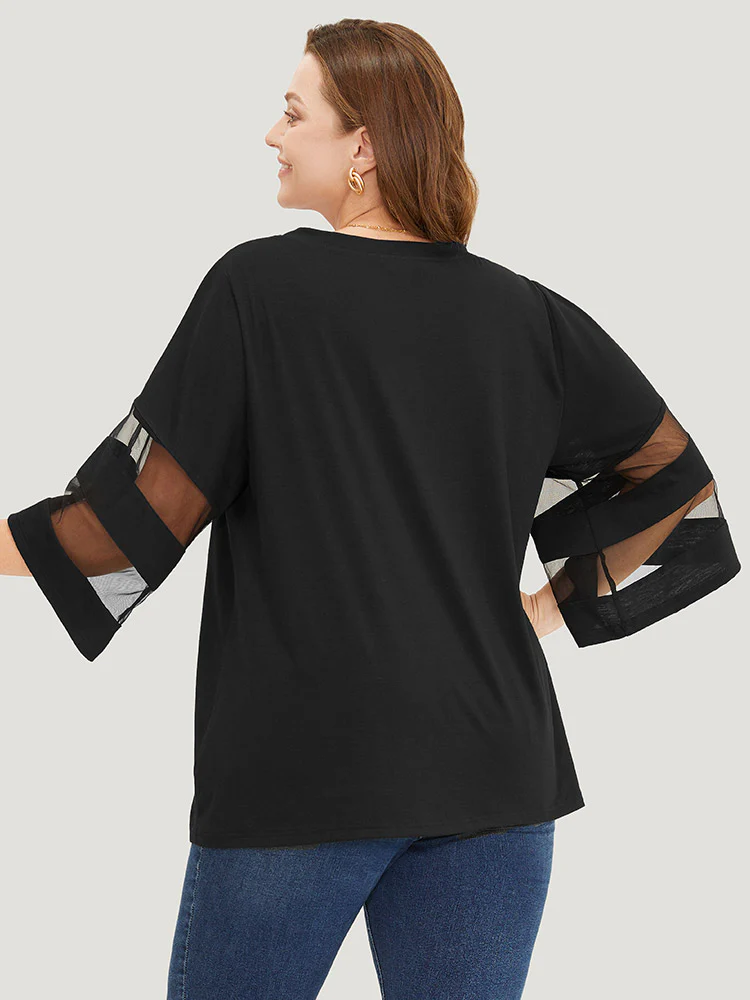 Solid Mesh Patchwork V Neck T-shirt - Image 5