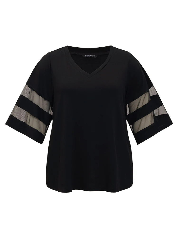 Solid Mesh Patchwork V Neck T-shirt - Image 8