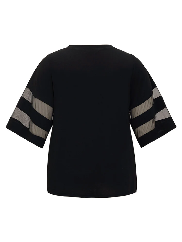 Solid Mesh Patchwork V Neck T-shirt - Image 9