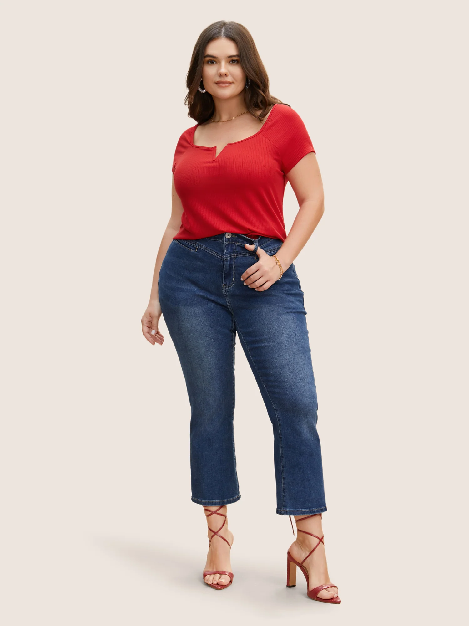 Solid Notched Collar Pit Strip T-shirt - Image 3