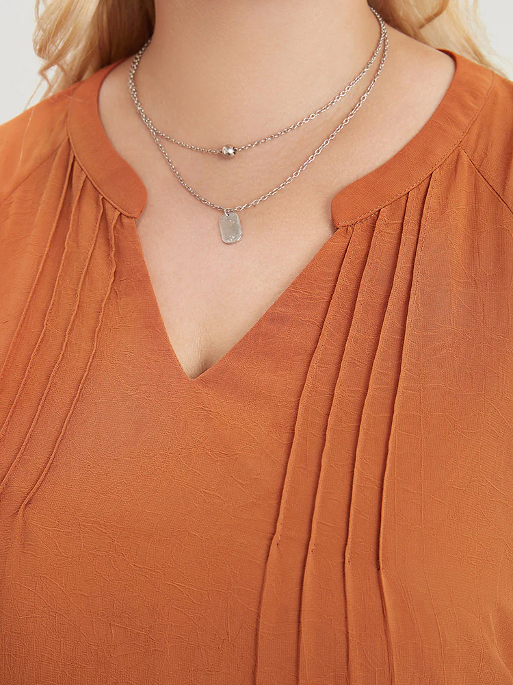 Solid Notched Pleated Mesh Raglan Sleeve Blouse - Image 10