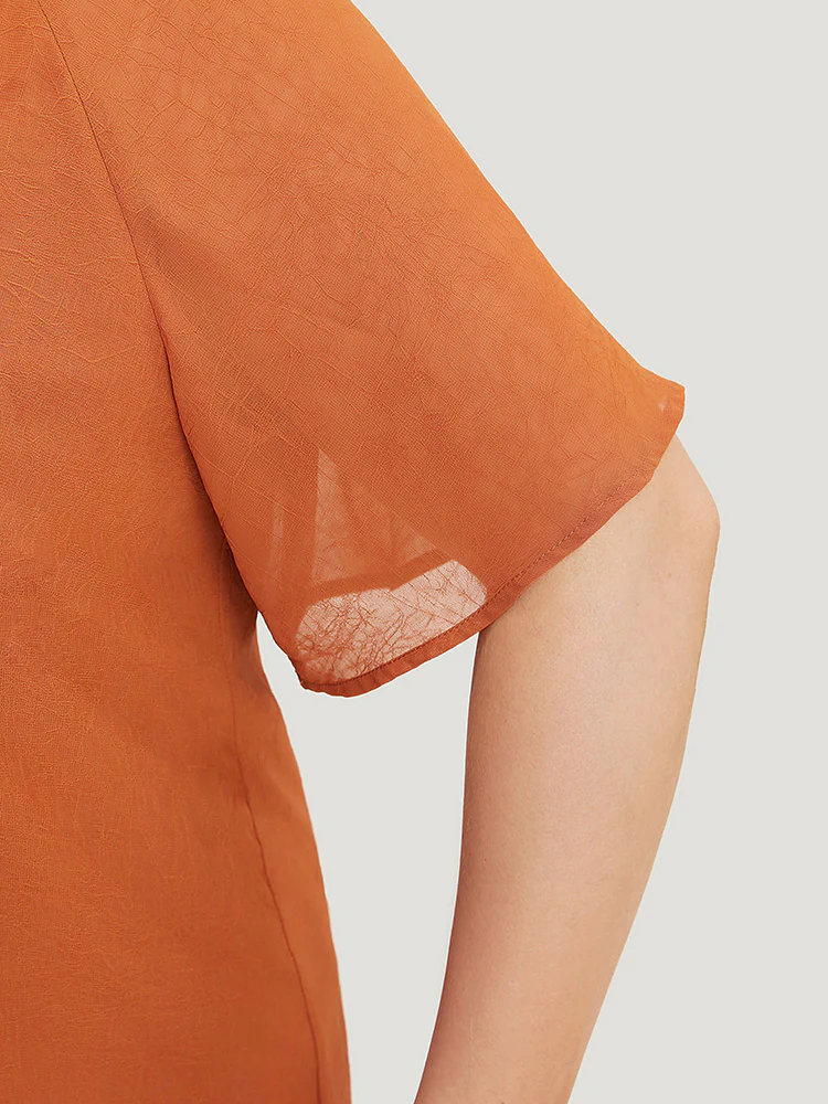 Solid Notched Pleated Mesh Raglan Sleeve Blouse - Image 11