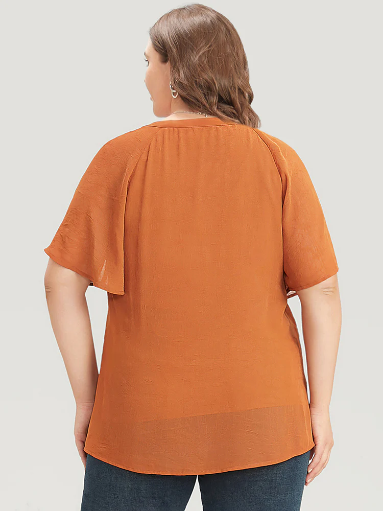 Solid Notched Pleated Mesh Raglan Sleeve Blouse - Image 2