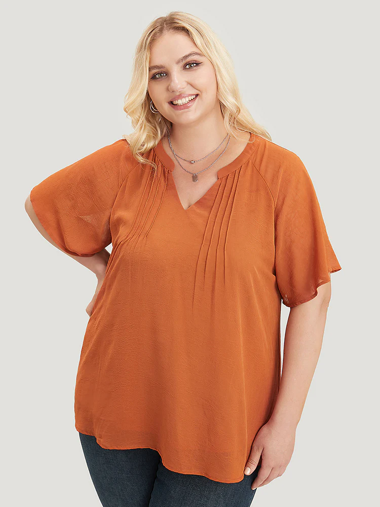 Solid Notched Pleated Mesh Raglan Sleeve Blouse - Image 3