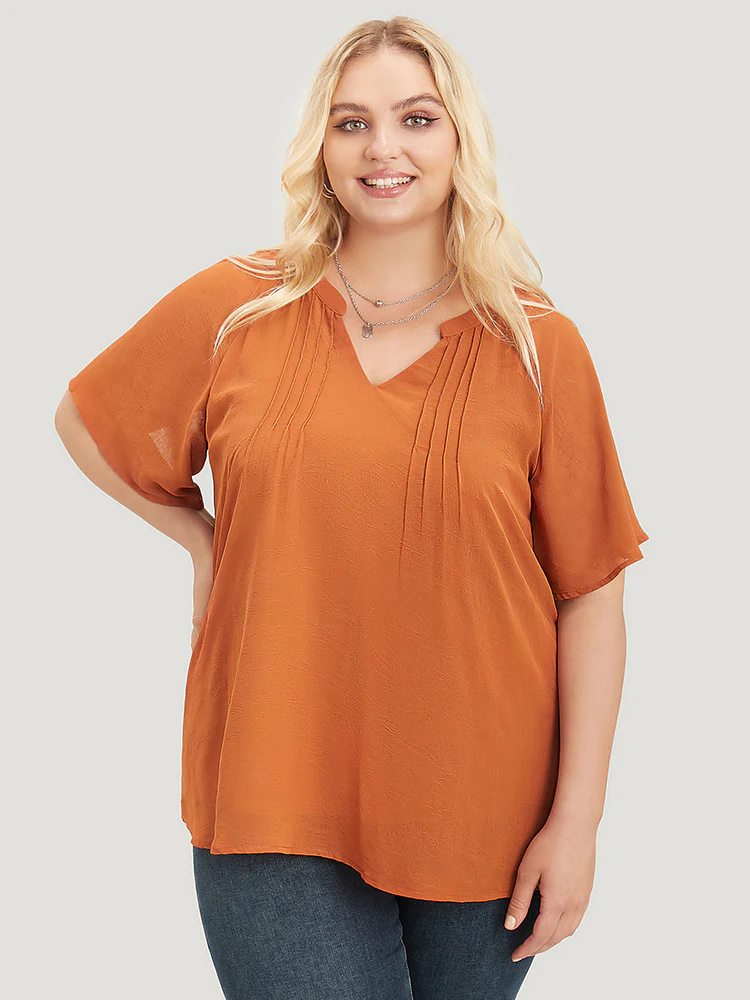 Solid Notched Pleated Mesh Raglan Sleeve Blouse - Image 4
