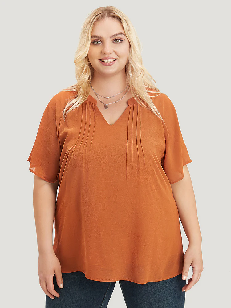 Solid Notched Pleated Mesh Raglan Sleeve Blouse - Image 5
