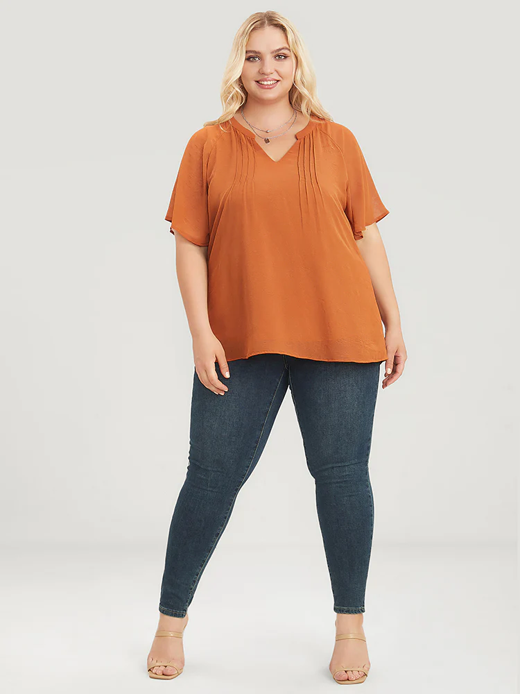 Solid Notched Pleated Mesh Raglan Sleeve Blouse - Image 6