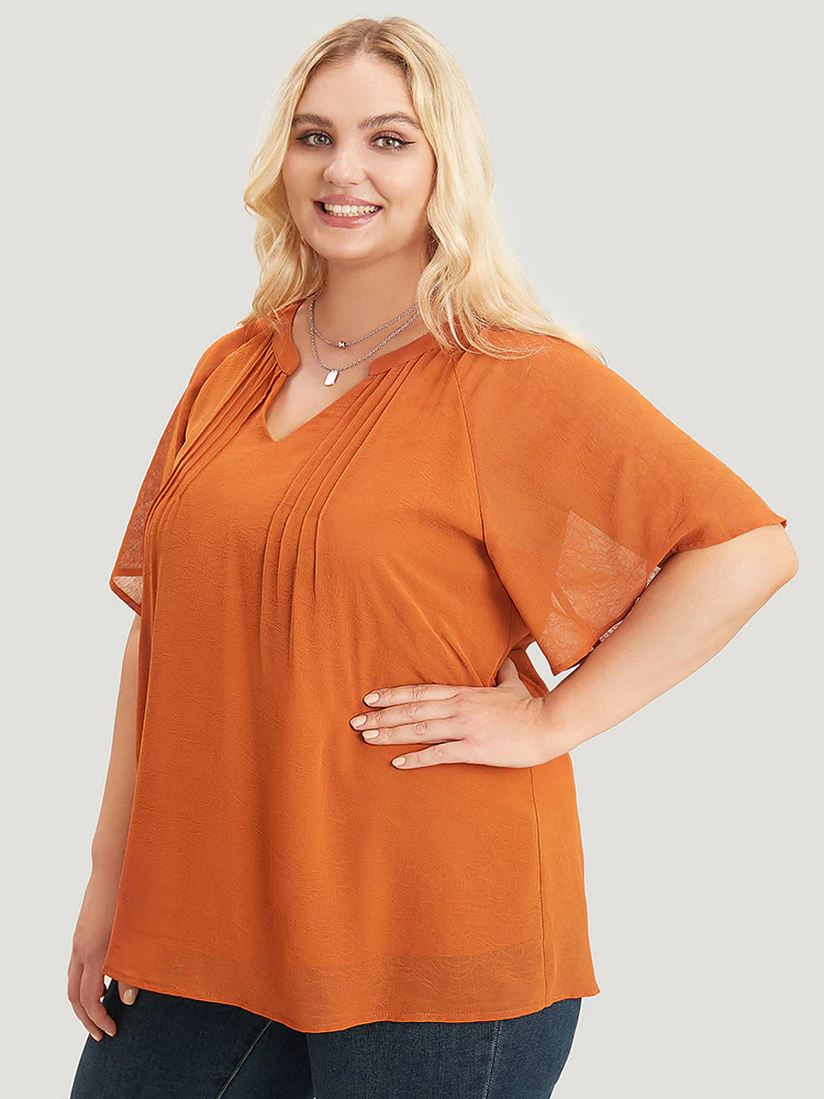 Solid Notched Pleated Mesh Raglan Sleeve Blouse - Image 7