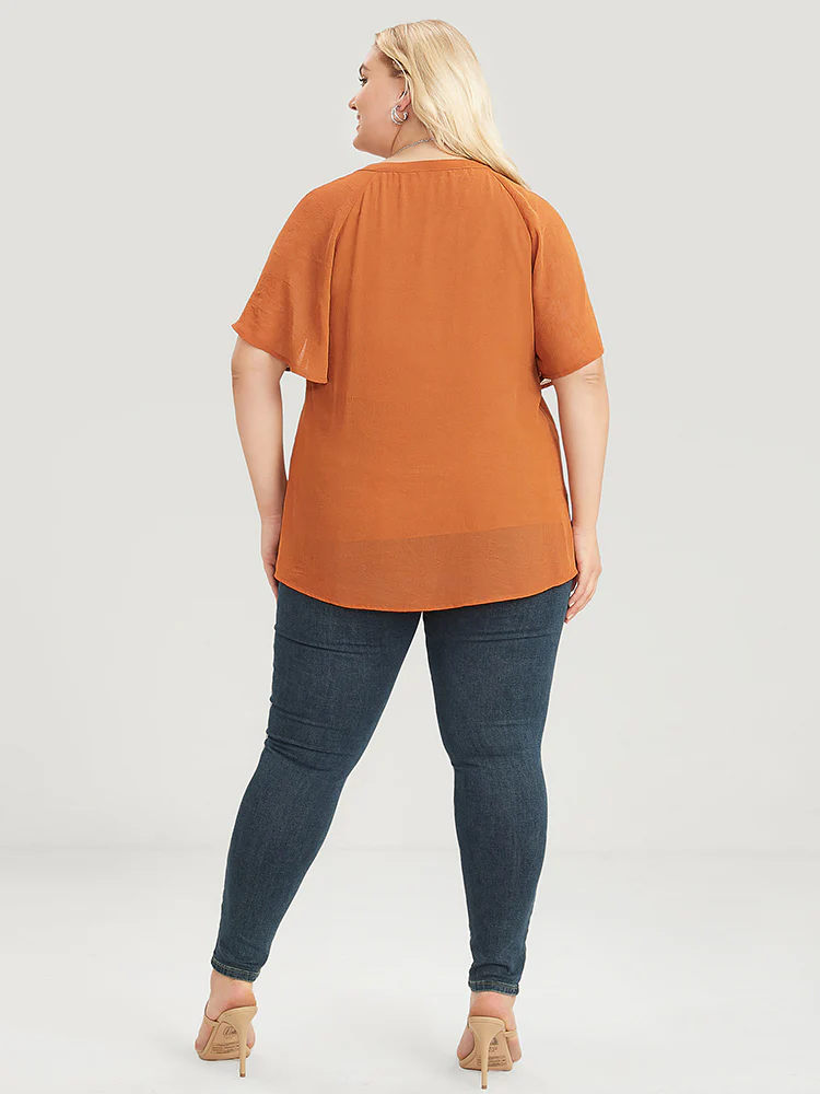 Solid Notched Pleated Mesh Raglan Sleeve Blouse - Image 8