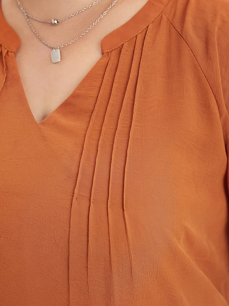 Solid Notched Pleated Mesh Raglan Sleeve Blouse - Image 9