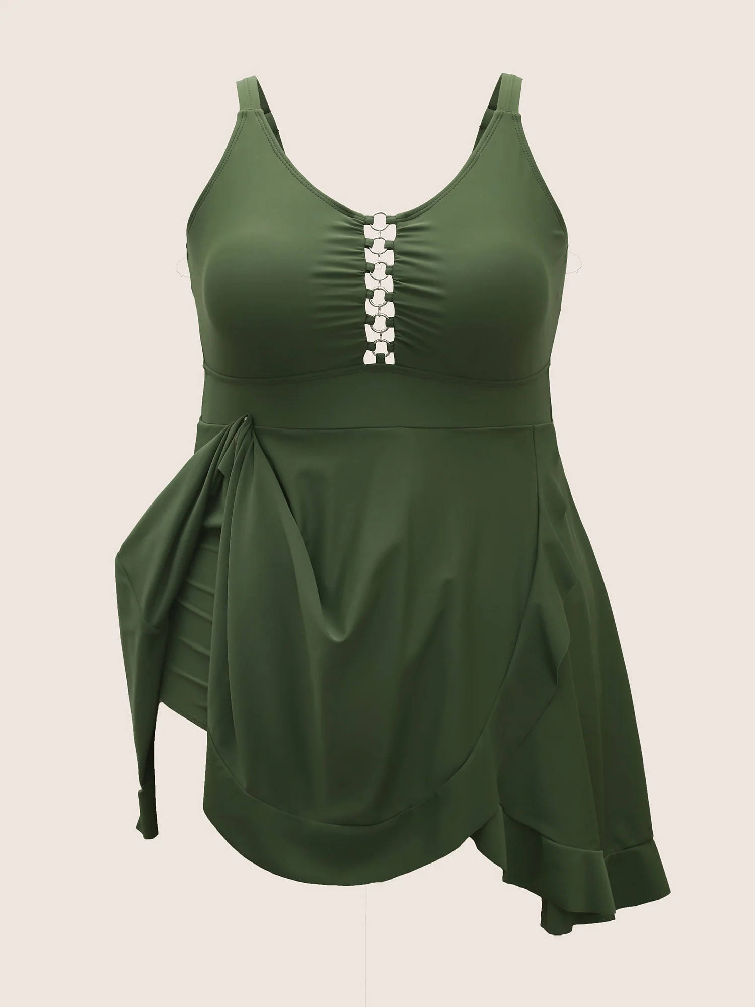 Solid O Ring Buckle Detail Ruffle Trim Swim Dress - Image 7