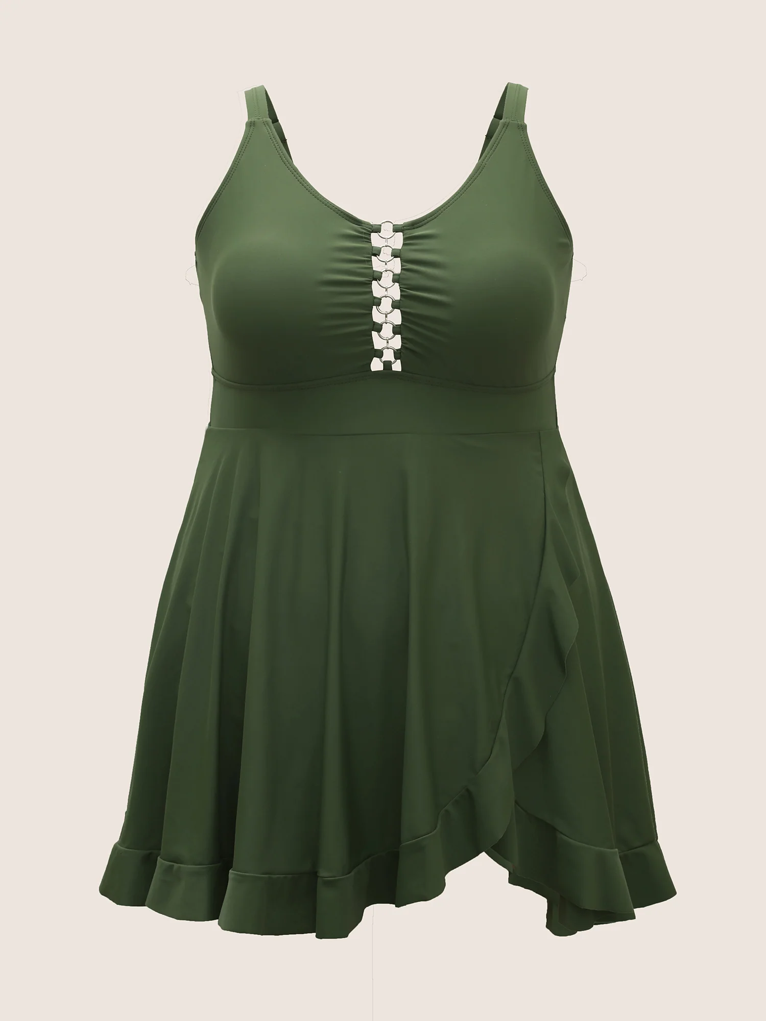 Solid O Ring Buckle Detail Ruffle Trim Swim Dress - Image 8