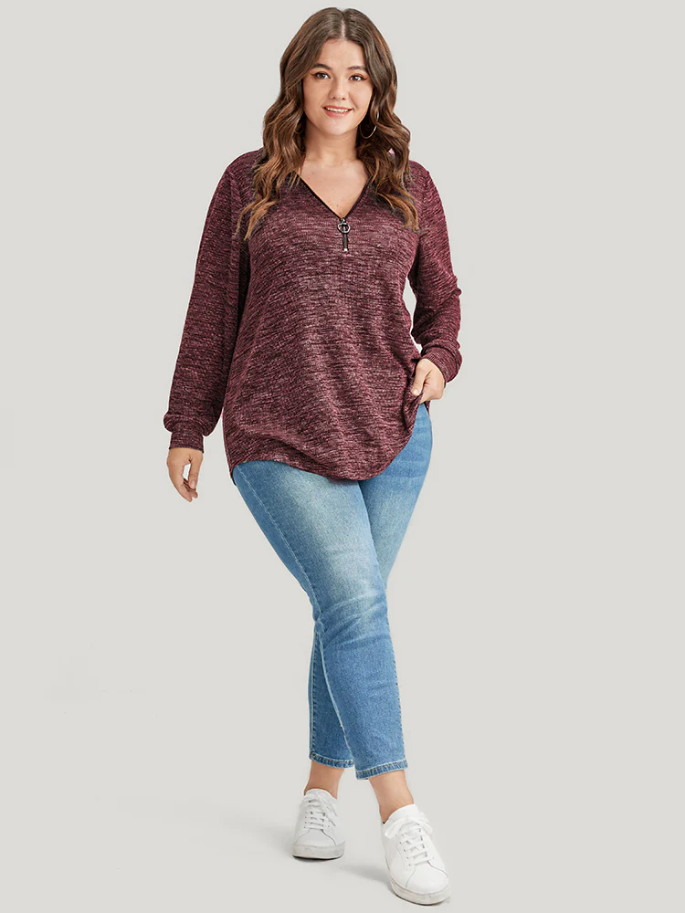 Solid O Ring Zip Rib Knit Long Tee - Image 2