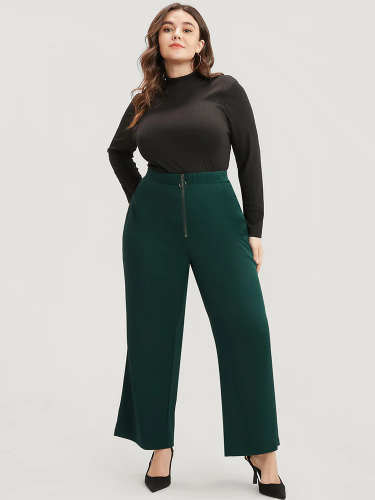 Solid O Ring Zipper Pocket Elastic Waist Wide Leg Pants - Image 2