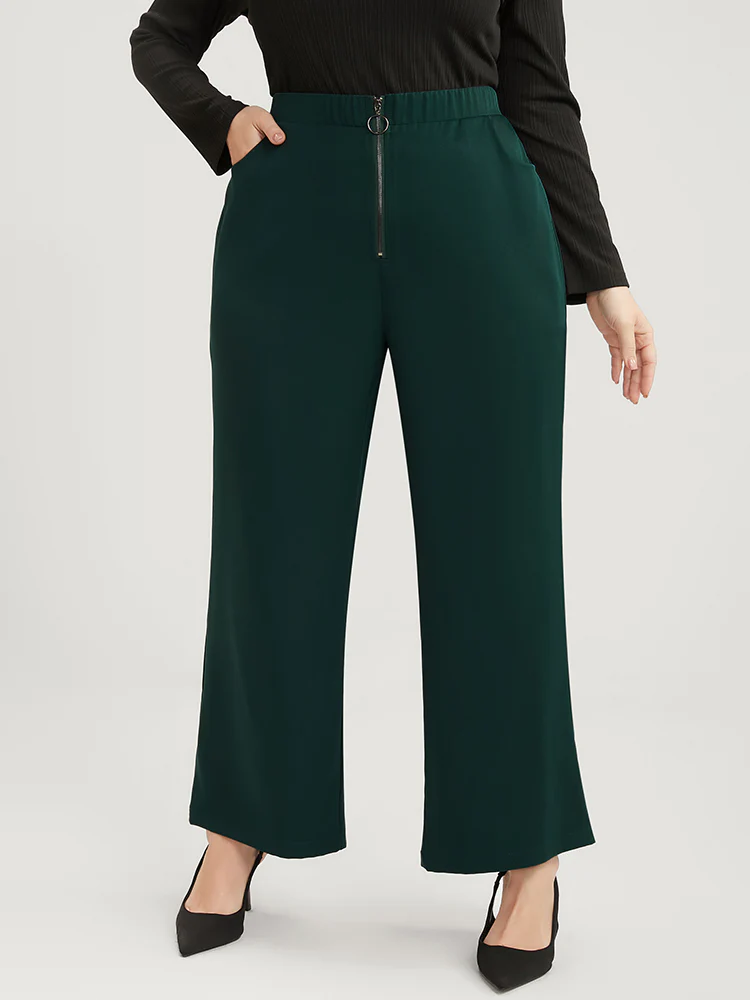 Solid O Ring Zipper Pocket Elastic Waist Wide Leg Pants - Image 3