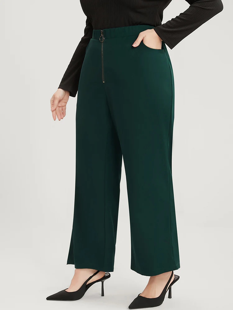 Solid O Ring Zipper Pocket Elastic Waist Wide Leg Pants - Image 4