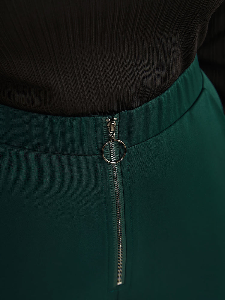 Solid O Ring Zipper Pocket Elastic Waist Wide Leg Pants - Image 6