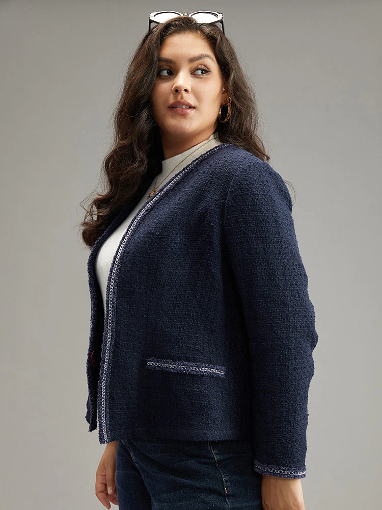 Solid Open Front Patchwork Stitch Blazer - Image 3